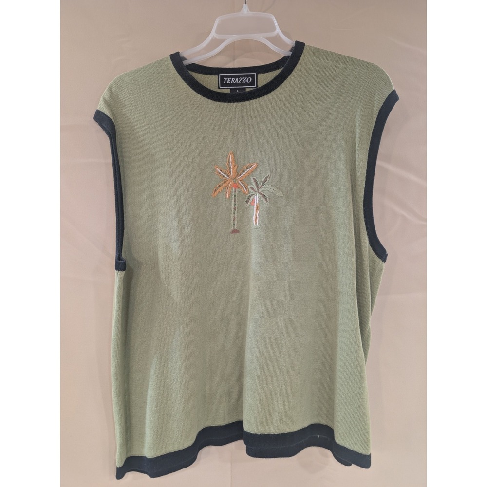Terazzo Palm Tree Embroidered Cardigan Sweater + Vest Striped Olive Green Womens - Picture 2 of 5